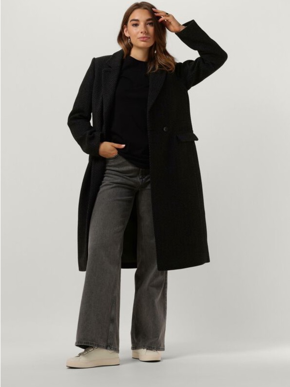 Scotch & Soda Long Black Textured Wool Coat